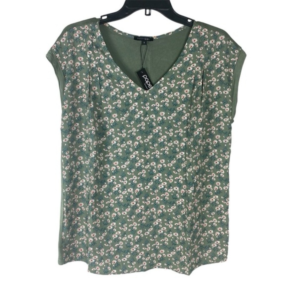 Papermoon Floral Top Short Sleeve Green Casual Lagenlook Boxy NWT